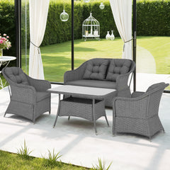 Outsunny Four-Piece Rattan Set, with Glass-Top Table - Light Grey