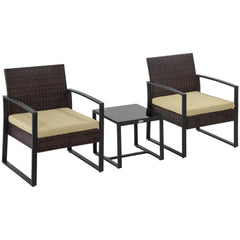 Outsunny 3 pcs PE Rattan Wicker Garden Furniture Patio Bistro Set Weave Conservatory Sofa Coffee Table and Chairs Set Beige