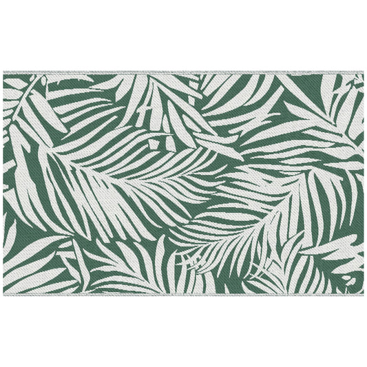 Outsunny Reversible Outdoor RV Rug, 1.5 x 2.4m Patio Floor Mat, Waterproof Plastic Straw Rug for Garden, Deck, Picnic, Beach, Camping, Green Leaves, Green and White