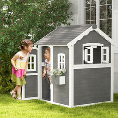 Outsunny Wooden Playhouse for Kids with Doors, Windows, Plant Box, Floors, for Ages 3-8 Years, for Gardens, Lawns, Patios - Grey