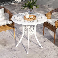 Outsunny 78 cm Round Garden Dining Table with Parasol Hole Antique Cast Aluminium Outdoor Table Only, White