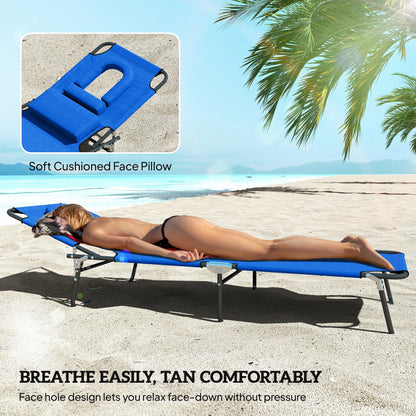 Outsunny Outdoor Folding Sun Lounger Set of 2 with Face Hole, 4 Level Adjustable Backrest Reclining Garden Lounger, Garden Recliner Sunbed with 600 D Oxford Cloth Seat and Pillow for Beach, Blue