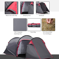 Outsunny 2-3 Person Tunnel Tent with Sewn-in Groundsheet, Air Vents, Rainfly, 2000mm Water Column, Camping Tent with 1 Bedroom, Inbuilt Porch, Living Area for Camping, Hiking, Grey