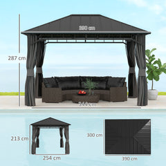 Outsunny 3 x 4m Hardtop Gazebo with Galvanised Steel Roof and Water Gutter, Waterproof Permanent Pavilion Garden Gazebo with Netting and Curtains for Patio, Deck