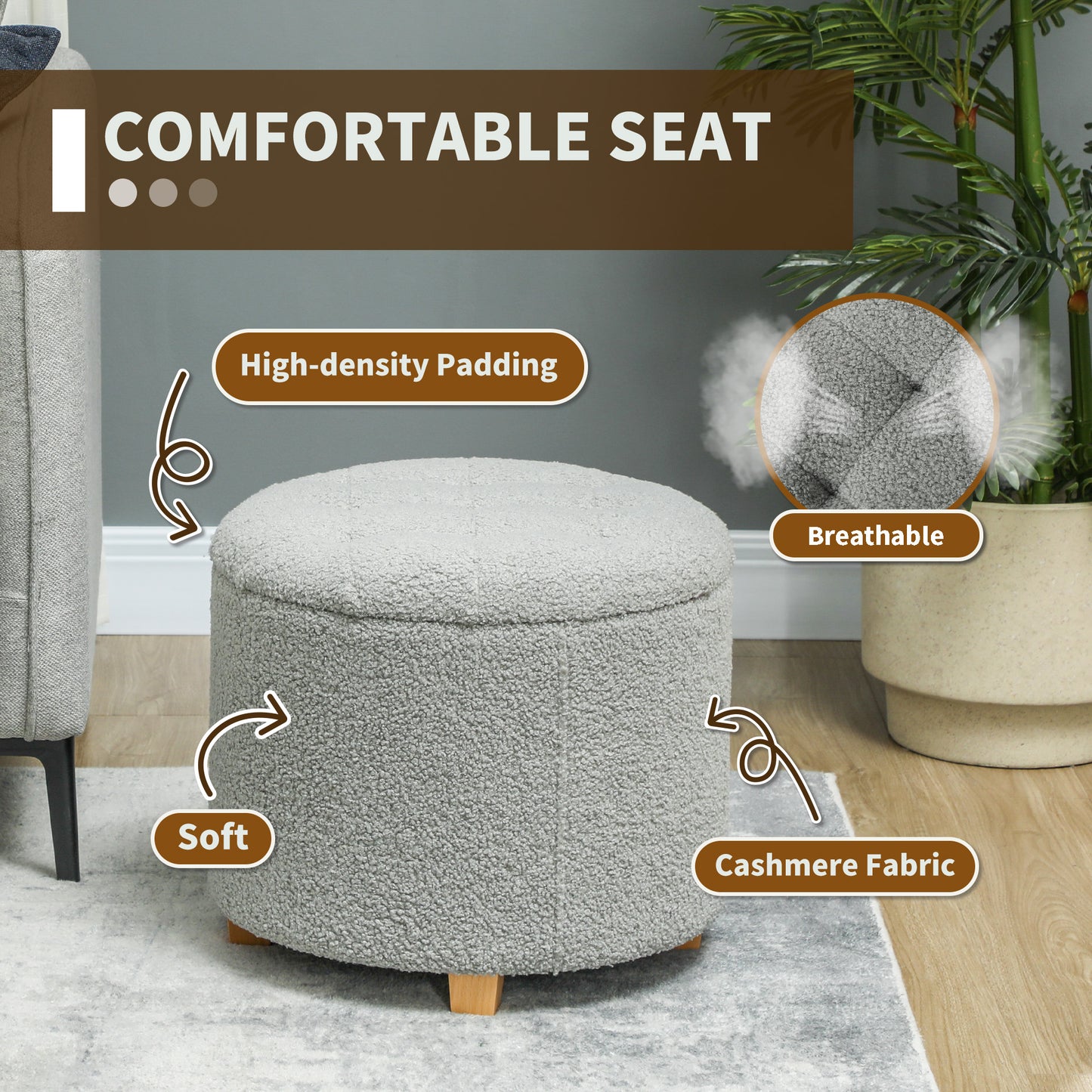 HOMCOM 31.8L Teddy Fleece Storage Ottoman - Grey