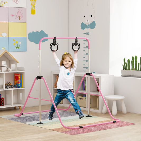 HOMCOM Adjustable Height, Foldable Kids Gymnastics Bar w/ Non-slip Rubber Floor Rings, for 3+ Years, Pink