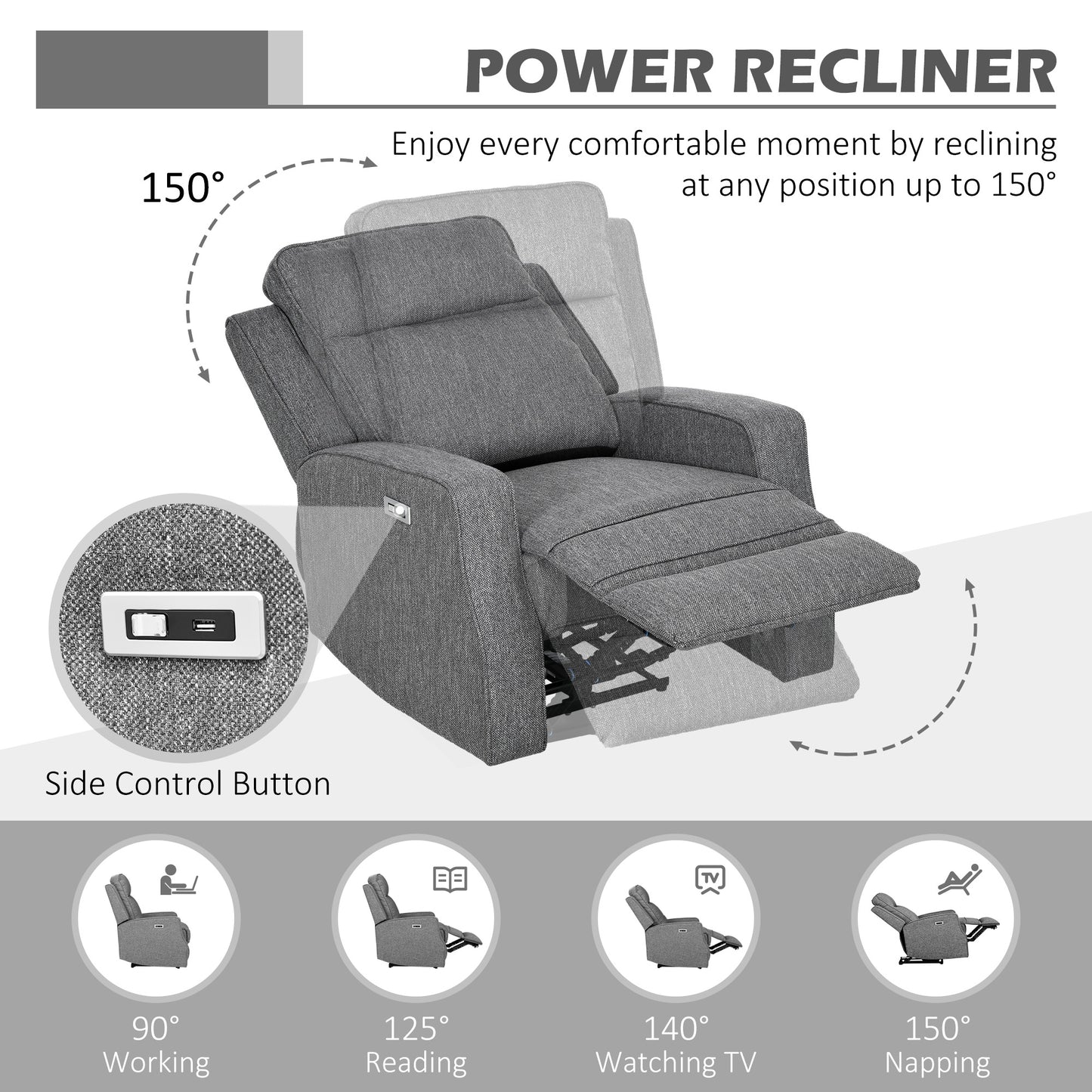 HOMCOM 150√Ç¬∞ Electric Reclining Chair, with USB port and Footrest - Charcoal Grey