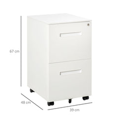 Vinsetto Metal Mobile File Cabinet with Wheels, Lockable 2 Drawer Filing Cabinet for A4, Legal, Letter, Compact Under Desk Storage Unit with Pre-Assembled Body for Home Office, 39 x 48 x 67cm, White