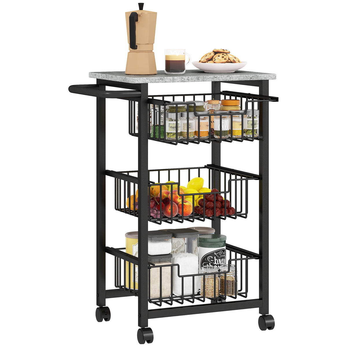 HOMCOM Three Basket Mobile Kitchen Island, with Brakes - Grey/Black