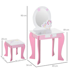 HOMCOM Kids Dressing Table with Mirror, Stool, Pink