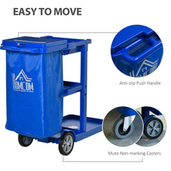 HOMCOM Janitor Cleaning Trolley, with Bin, Shelves and Hooks - Blue