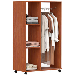 HOMCOM Open Wardrobe on Wheels, Bedroom Wardrobe with Clothes Hanging Rail, 3 Storage Shelves, Mobile Garment Rack for Cloakroom, Hallway, Walnut