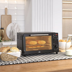 HOMCOM Mini Oven, 9L Countertop Electric Grill, Toaster Oven with Adjustable Temperature, Timer, Dishwasher Safe Baking Tray and Wire Rack, 750W, Black