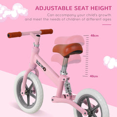 HOMCOM 12" Kids Balance Bike No Pedal Bicycle EVA Tire Adjustable Seat Toddler Training Bike W/ Shock Absorber 2 - 5 Years Gift for Boys Girls Pink