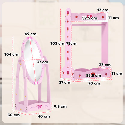 AIYAPLAY Kids Clothes Rail, Kids Dressing Mirror with 360√Ç¬∞ Rotating, 2 Piece Kids Furniture Set with Storage Shelves, Pink