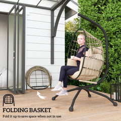 Outsunny Hanging Egg Chair Outdoor Indoor Garden Swing Chair with Folding Basket and Thickened Cushion, Garden Hanging Chair with Stand, Headrest, Cup Holder for Patio, Balcony, Khaki