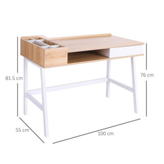 HOMCOM Computer Desk, Writing Desk, Study Workstation with Drawer, Storage Compartments, Cable Management, Laptop Table, Metal Frame, 100 x 55 x 81.5cm, Oak and White