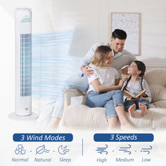 HOMCOM 30'' Freestanding Tower Fan, 3 Speed 3 Mode, 10h Timer, 70 Degree Oscillation, LED Light, 5M Remote Controller, White