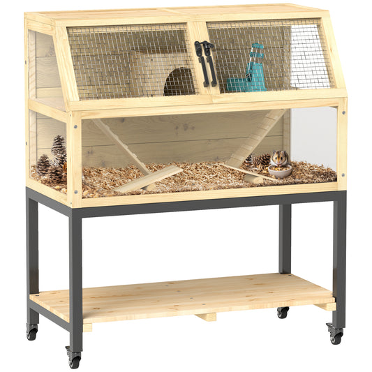 PawHut Wooden Hamster Cage with Storage Shelf, Wheels, Ramps, Water Bottle, Hut, Seesaws