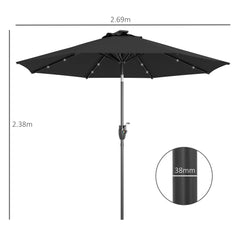 Outsunny 2.7m Garden Parasol Solar Outdoor Tilt Sun Umbrella Patio Sun Shade w/ 24 LED Light, Hand Crank and 8 Ribs, Black