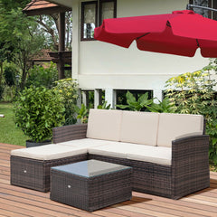 Outsunny 3 Pieces Outdoor PE Rattan Corner Sofa Set with Thick Cushions, Patio Rattan Garden Furniture with Glass Top Coffee Table and Footstool, Brown