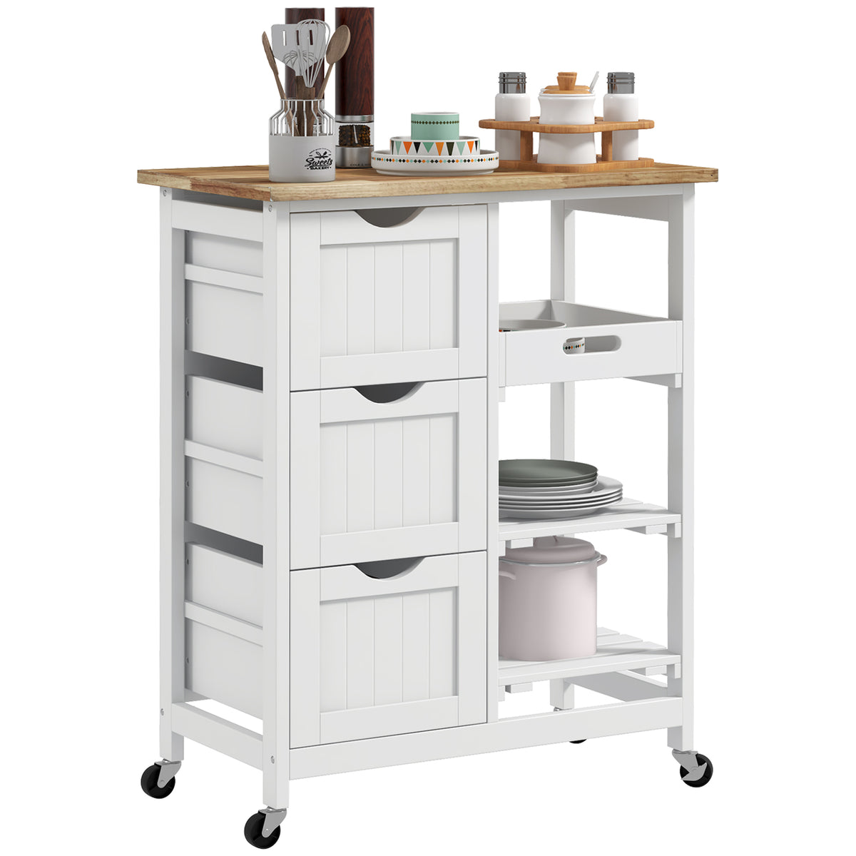 HOMCOM Rolling Kitchen Island Cart, Bar Serving Cart, Compact Trolley on Wheels with Wood Top, Shelves & Drawers for Home Dining Area, White