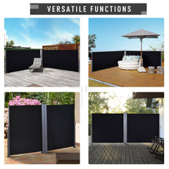 Outsunny 600 x 180 cm (HxL) Retractable Awning Double Canopy Side Privacy Protection Sun Shade Side Blind w/ Steel Frame Versatile Use In Garden Patio - Black