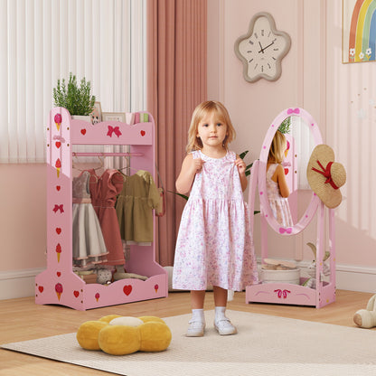 AIYAPLAY Kids Clothes Rail, Kids Dressing Mirror with 360√Ç¬∞ Rotating, 2 Piece Kids Furniture Set with Storage Shelves, Pink