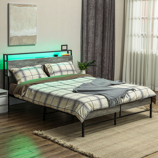 HOMCOM Double Steel Bed Frame, with LED Lights and Headboard Shelf - Grey