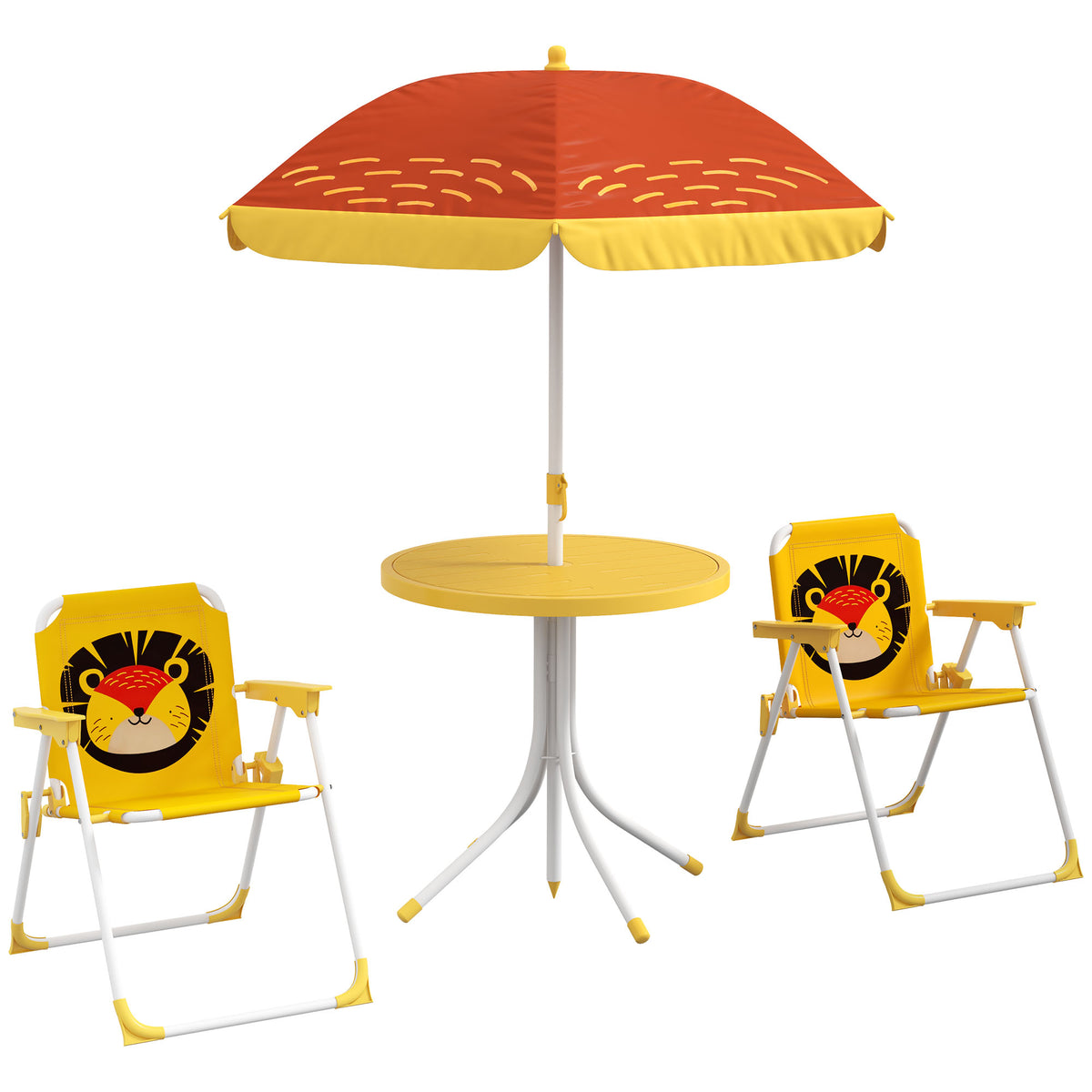 Outsunny Kids Picnic Table and Chair Set, Lion Themed Outdoor Garden Furniture w/ Foldable Chairs, Adjustable Parasol - Yellow