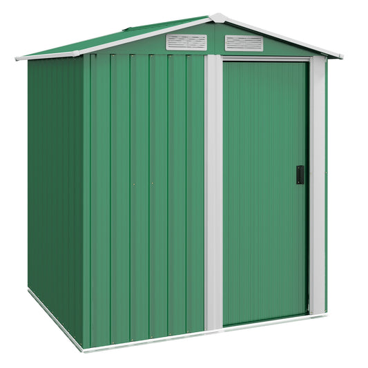 Outsunny Garden Metal Tool Storage Shed with Sliding Door, Sloped Roof and Floor Foundation, 152 x 132 x 188cm, Green