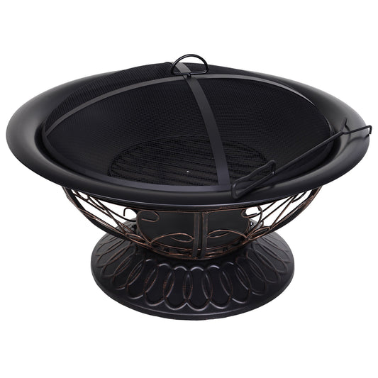 Outsunny Metal Large Firepit Bowl Outdoor Round Fire Pit Brazier w/ Lid, Log Grate, Poker, Elegant Scrolls for Backyard, Camping, Bonfire, Wood Burning Stove, 76 x 76 x 50cm, Black