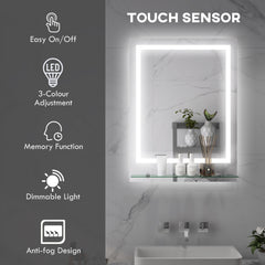 kleankin Large Vanity Mirror with Lights and Shelf, Illuminated bathroom Mirror with 3 Colour Brightness, Smart Touch, Anti-Fog