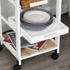 HOMCOM Mobile Rolling Kitchen Island Trolley for Home w/ Metal Baskets Trays Shelves Wheels Compact Stylish Storage White