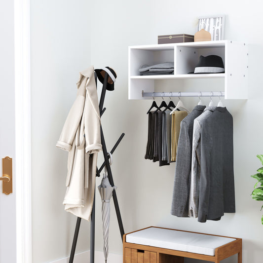 HOMCOM Wall Mounted Coat Hanger Hooks Rack Stand Hallway Coat Rack Rail & Storage Shelf Hanging Coat Organizer (White)