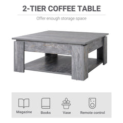 HOMCOM 2 Tier Wood Coffee Table Side Table Bottom Storage Shelf Simple Modern Living Room Grey Wood Grain