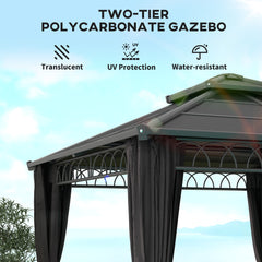 Outsunny 3 x 3 (m) Outdoor Polycarbonate Gazebo, Double√Ç Roof Hard Top Gazebo with√Ç Galvanised Steel Frame, Nettings√Ç &√Ç Curtains for Garden, Lawn, Patio and Deck, Dark Grey