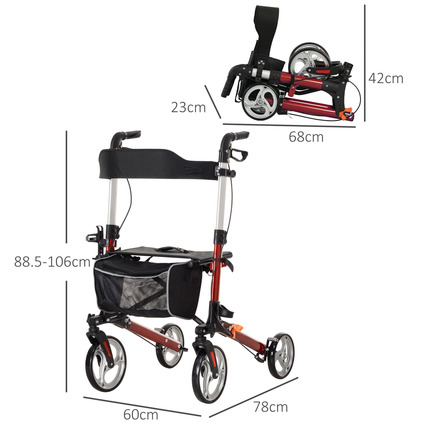HOMCOM 88.5-106cm Aluminium Frame Rollator Walker, with Brakes - Red