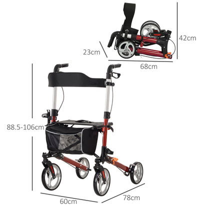 HOMCOM 88.5-106cm Aluminium Frame Rollator Walker, with Brakes - Red