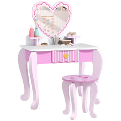 AIYAPLAY Kids Dressing Table Set, Vanity Table with Stool, Mirror, Drawer, Desktop Storage, Heart Theme, Pink