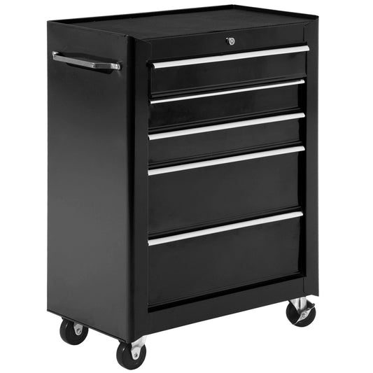 HOMCOM 5-Drawer Tool Chest, Lockable Steel Tool Storage Cabinet with Wheels and Handle Tool Box for Garage, Workshop, Black