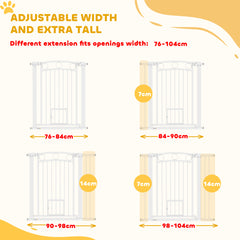 PawHut 96cm Tall Dog Gate with Cat Door, 7cm and 14cm Extensions, for Stairs, Doorways, 76-104cm Width