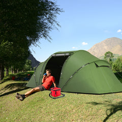 Outsunny 4-6 Man Camping Tent w/ Two Bedroom, Hiking Sun Shelter, UV Protection Tunnel Tent, Dark Green