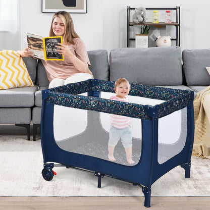 2-in-1 Foldable Baby Playpen with Lockable Wheels and Mattress-Blue