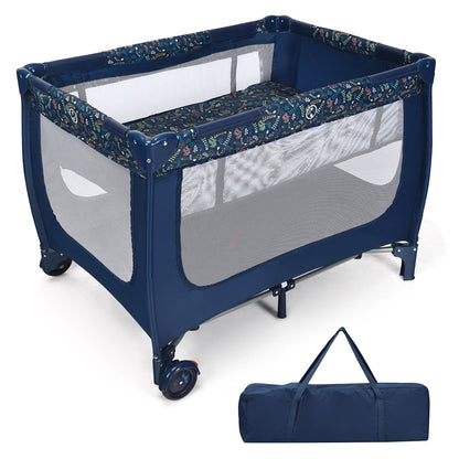 2-in-1 Foldable Baby Playpen with Lockable Wheels and Mattress-Blue