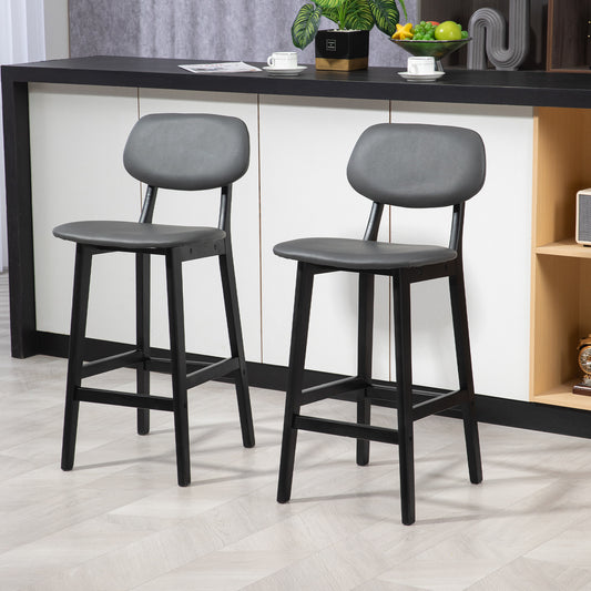 HOMCOM Bar Stools Set of 2, Contemporary Breakfast Bar Chairs, Faux Leather Upholstered Kitchen Stools with Backs and Solid Wood Legs, Dark Grey