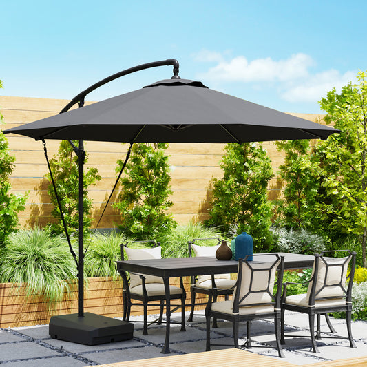 Outsunny 3(m) Garden Cantilever Parasol with Fillable Base, Wind Protection Strap, Cover, Round Banana Hanging Umbrella with Crank Handle and Tilt, Patio Umbrella for Outdoor Sun Shade, UPF50+, Grey