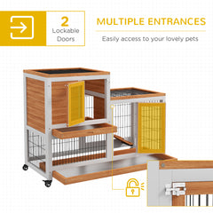 PawHut Wooden Indoor Hutch Elevated Cage w/ Wheel, Run, Yellow