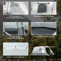 Outsunny 6-8 Person Tunnel Tent, Camping Tent with Bedroom, Living Room, Sewn-in Floor, 3 Doors and Carry Bag, 2000mm Water Column for Fishing, Hiking, Sports, and Traveling, Grey