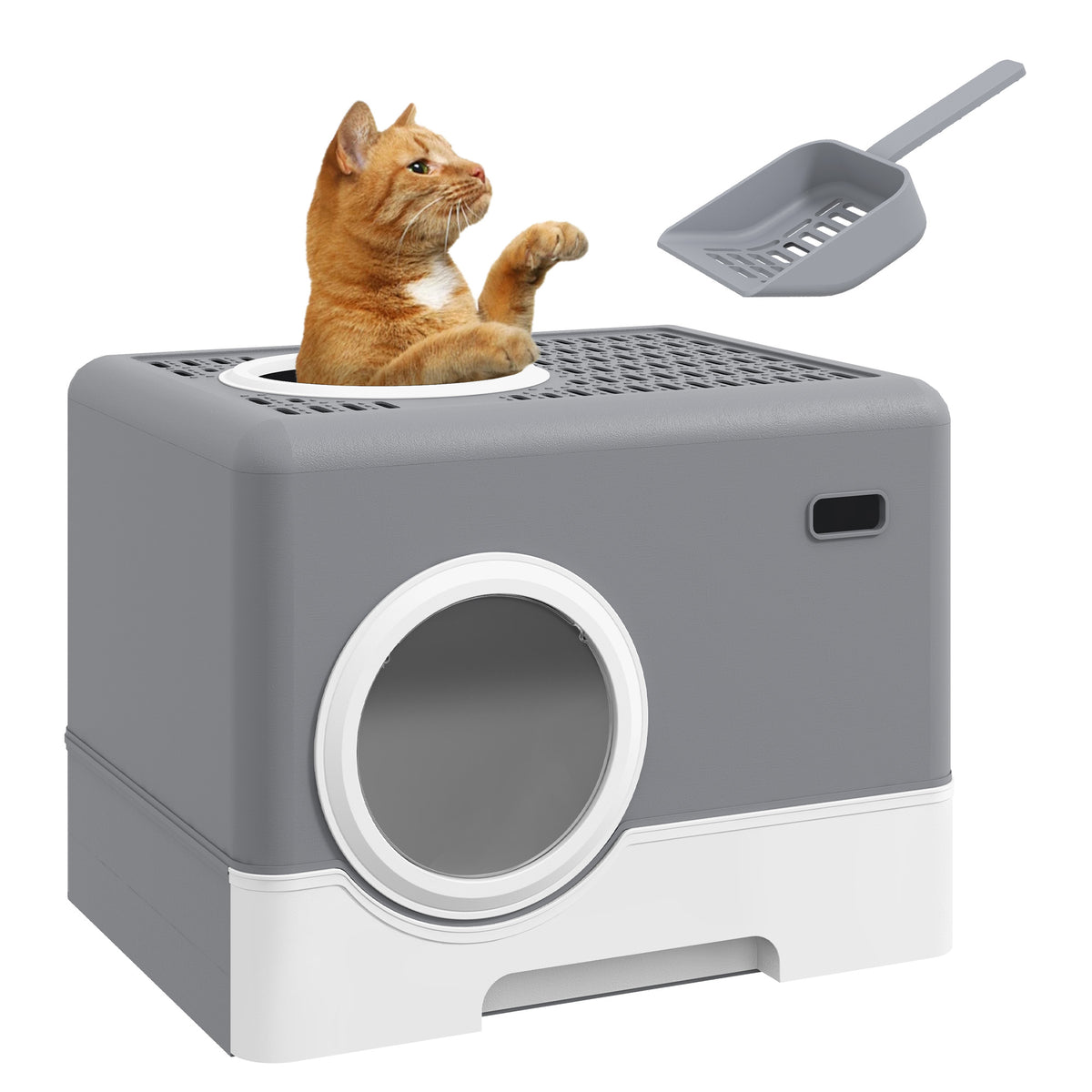 PawHut Enclosed Cat Litter Box, with Lid, Front Entry, Top Exit, Pull-Out Tray, Scoop - Grey